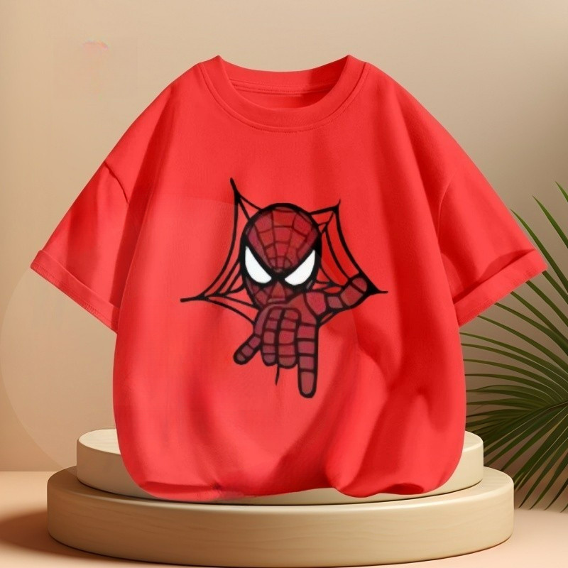🕷️เสื้อยืดลายสไปเดอร์แมน เด็กชายผู้หญิง เสื้อยืดผ้าคอตตอน 100% ลายทาง TZCM2396 ตัวอักษร หลวม ลายสกรีน ฤดูร้อน สะกดสี