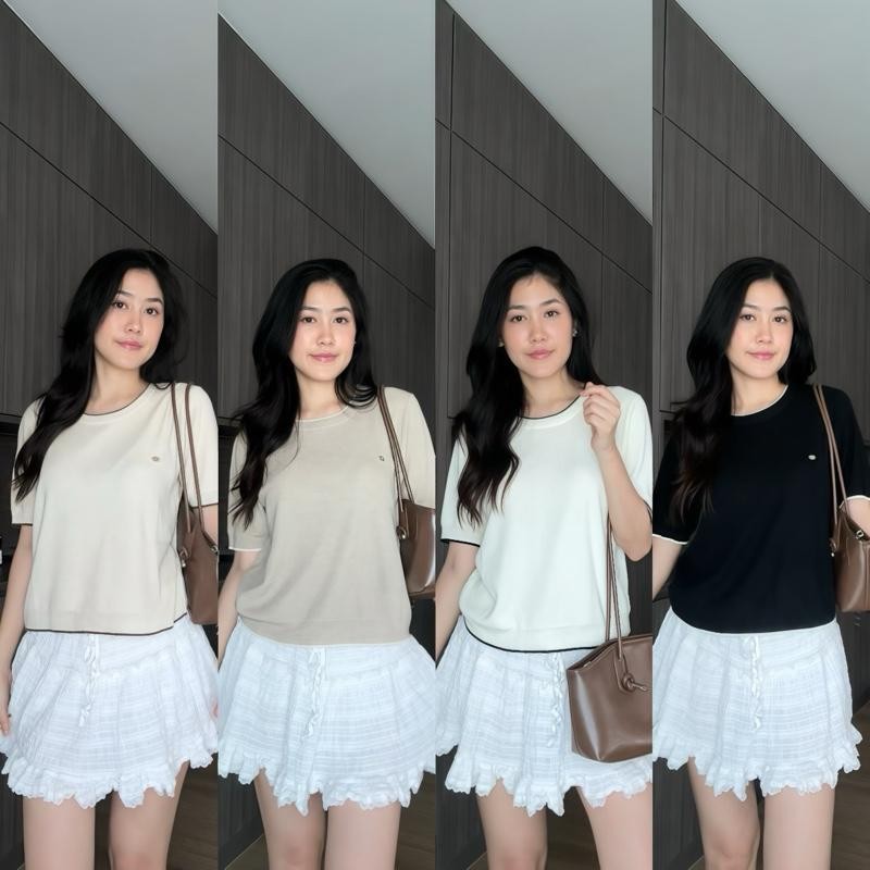 MACARON TOP | เสื้อไหมพรมแขนสั้นคอกลม ติดโลโก้แแบรนด์