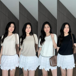 MACARON TOP | เสื้อไหมพรมแขนสั้นคอกลม ติดโลโก้แแบรนด์