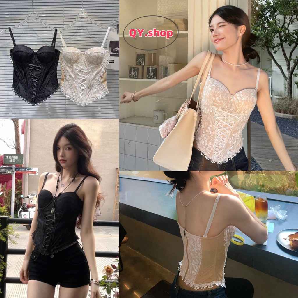QY.Shop⭐️สินค้าราคาพิเศษ⭐️​พร้อมส่ง เสื้อสายเดี่ยว ทรงรัดรูป สไตล์เกาหลี มีฟองน้ำ ลายลูกไม้สีพื้น "FY1942"