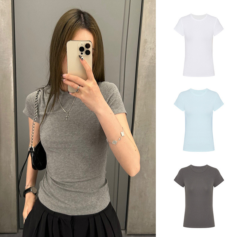 Moses Queen Slim Fit Figure Flattering round-Neck Blouse Women's Summer Shoulder Simple Solid Color Stretch Short Sleeve T Women's T-shirt