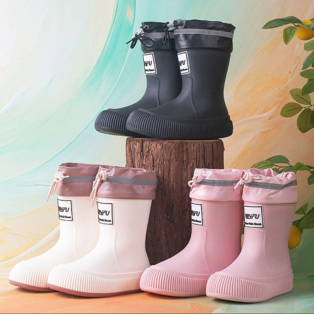 Rookiedd4 รองเท้ากันฝนผู้หญิง, Letter Anti Slip การ์ตูน Rainshoes, แฟชั่นกันน้ํา Drawstring หนาลูกวัว Galoshes Snowing