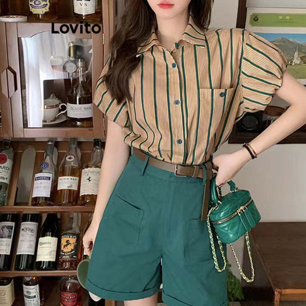Lovito เสื้อเบลาส์ผู้หญิง สไตล์ลำลอง ลายทาง กระดุมหน้า มีกระเป๋า LNE29004 (แอปริคอท)