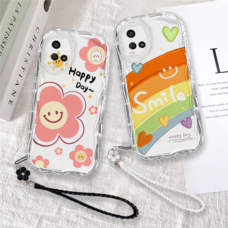 เคส VIVO Y21 Y21S Y21T Cat Rainbow รูปแบบดอกไม้น่ารัก สร้อยข้อมือโคลเวอร์สีดําและสีขาว เคสโทรศัพท์ TPU โปร่งใส CBX3