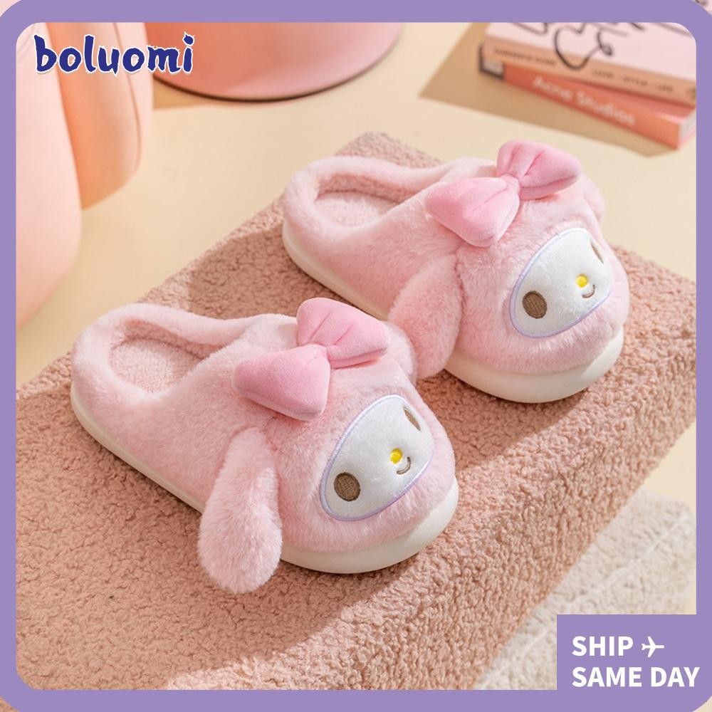 Bolumi Kuromi Melody รองเท้าแตะ, รองเท้าแตะนุ่มสบายอบอุ่นกันลื่น, การ์ตูน Retro Cozy Sanrio Slip-on Plush รองเท้าแตะสําหรับผู้หญิงสาว