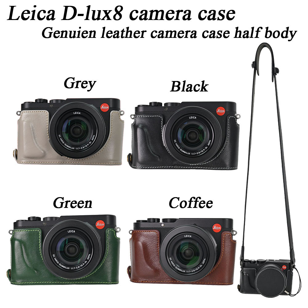 Leica D-LUX8 กระเป๋ากล้องหนังแท้ Half Body Handmade กระเป๋าสําหรับ Leica D-LUX8 พร้อมสายฝาครอบเลนส์