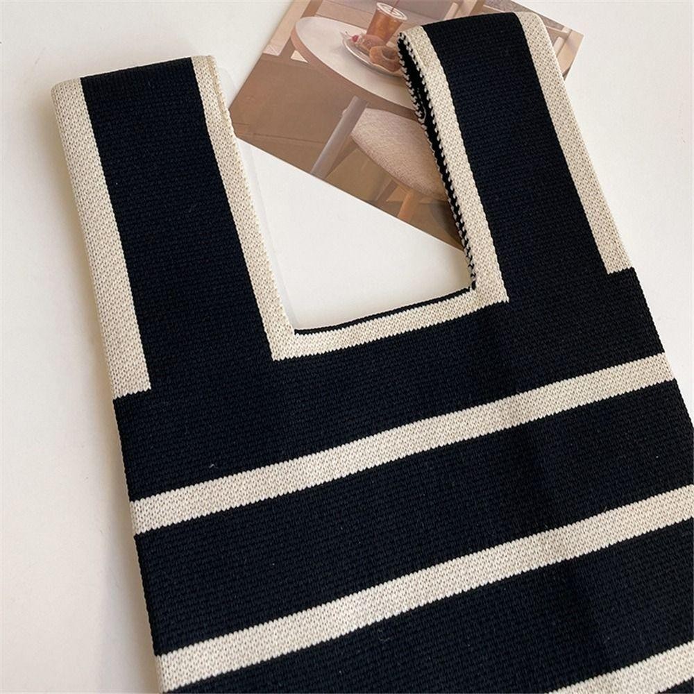 HOBBYIN Knit Handbag Reusable Casual Wide Stripe Handmade Plaid Tote Bag