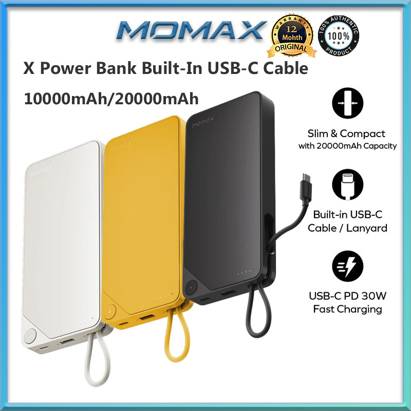 Momax 1-Power X 10000mAh 20000mAh Power Bank ในตัวสาย USB-C PD 20W 30W เครื่องชาร์จแบบพกพา