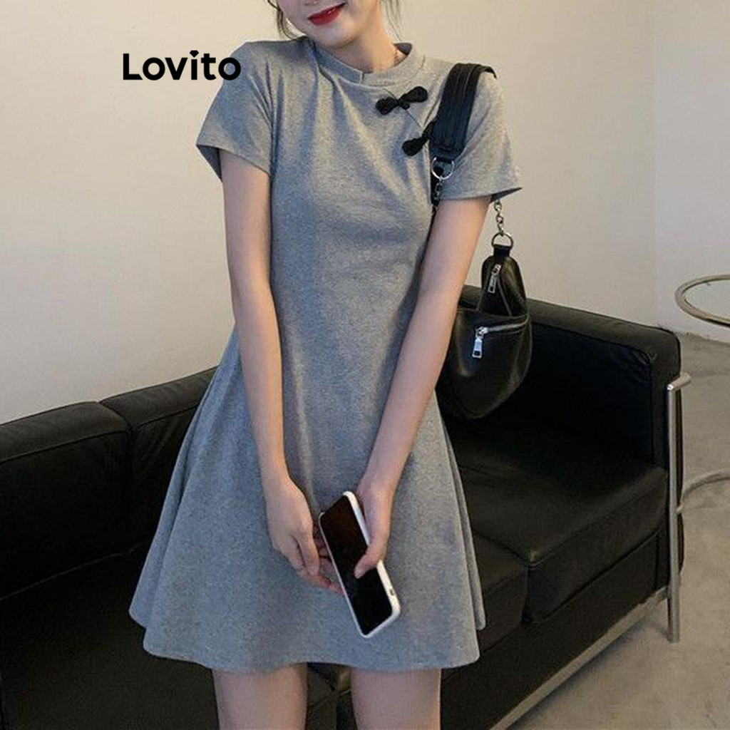 Lovito เดรสผู้หญิง แต่งจีบ มีกระดุม สีพื้น สไตล์ลำลอง LNE71584