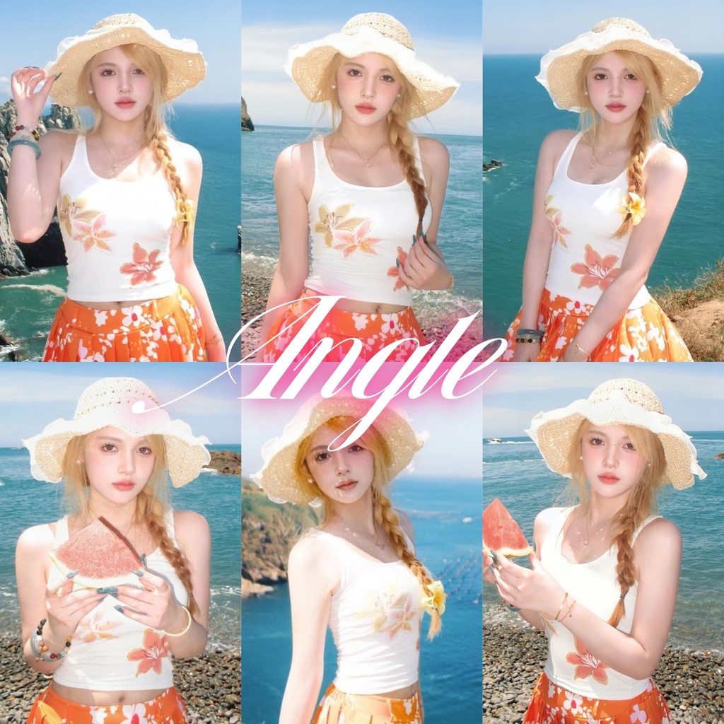 (จัดส่งตลอด 24 ชั่วโมง）Angle Official เสื้อแขนกุดผู้หญิงลายลิลลี่สไตล์อเมริกันสำหรับใส่ในและนอกดูเพรียว