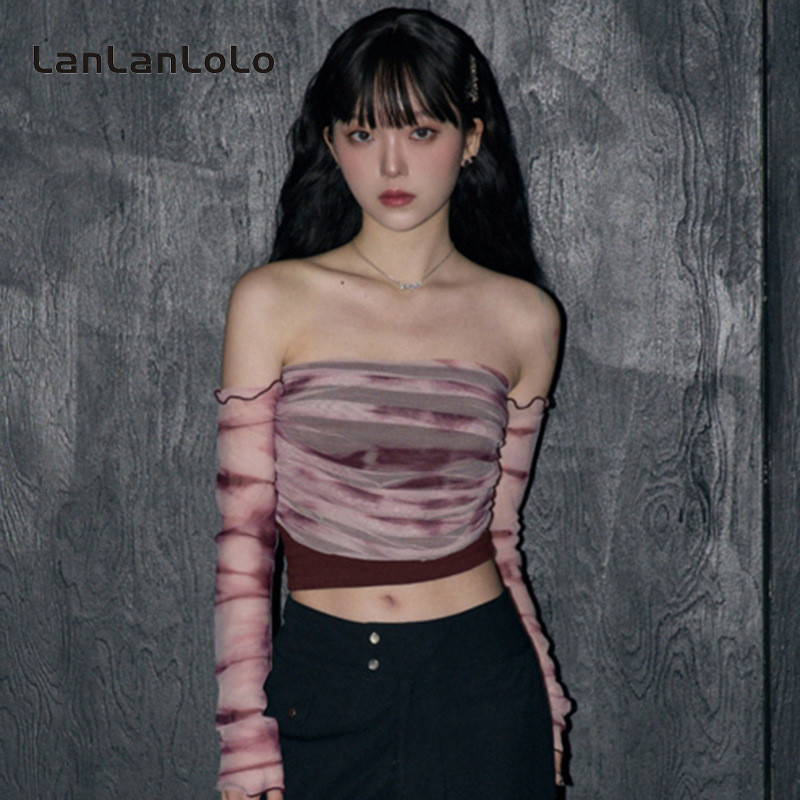 Lanlanlolo เสื้อเปิดไหล่ พิมพ์ลาย เซ็กซี่ เข้ารูป ลําลอง สีหวาน สําหรับผู้หญิง 2023