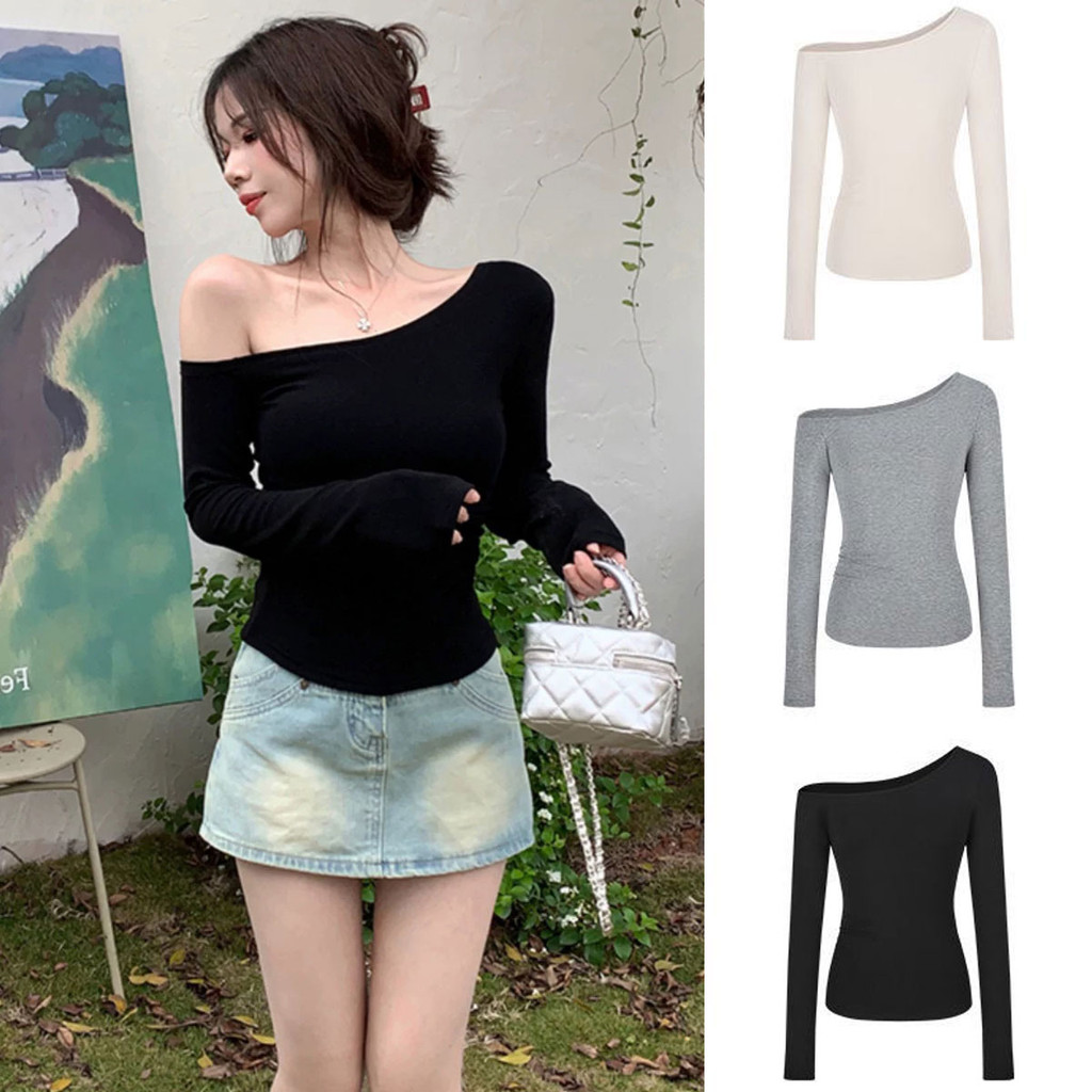Dahong 2666 เสื้อยืดสีแดงสาวฮอตอเมริกันไหล่เดียว เสื้อครอป เสื้อยืดแขนยาวปิดไหล่ ทรงสกินนี่พอดีตัว