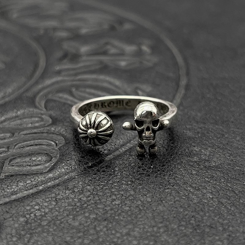 CH♥ แหวน/925 เงิน FOTI Skeleton Man Cross Flower Ball เปิดแหวน Hip Hop Punk CJ018