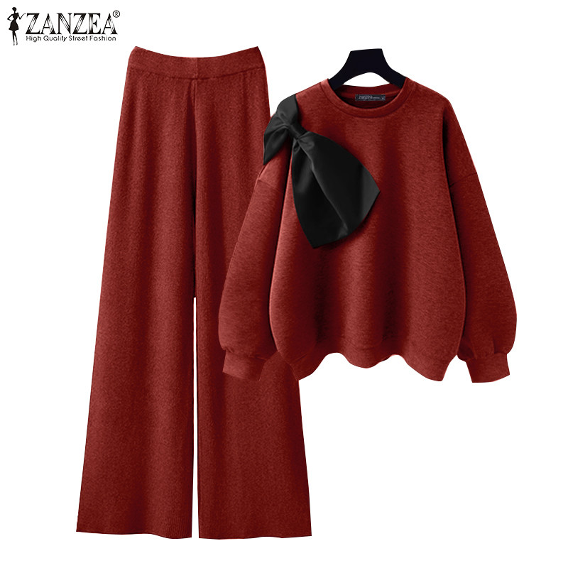 ZANZEA ใส่ ซานเซีย ผู้หญิงเกาหลีลูกเรือคอวางไหล่แขนโคมไฟไม่มีกระเป๋าเสื้อหลวม&กางเกงขายาว
