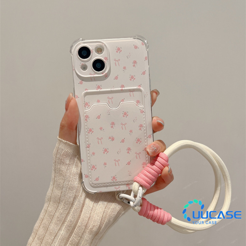 สีชมพู bowknot ดอกไม้สายรัดข้อมือสําหรับ IPhone 15 16 Pro Max เคสโทรศัพท์ 11 12 13Mini 13Pro Max 14Plus XR XS Max 6 7 8 Plus SE2020 การ์ดฝาครอบโทรศัพท์โซ่แขวนเชือก KB