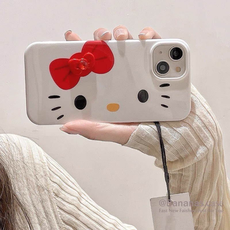 Iphone 16 15 14 13 12 11 Pro Max X Xr Xs Max 7 8 Plus SE2020 เคสโทรศัพท์น่ารัก 3D DIY โบว์สีแดง KT Cat Clear Soft ฝาหลัง
