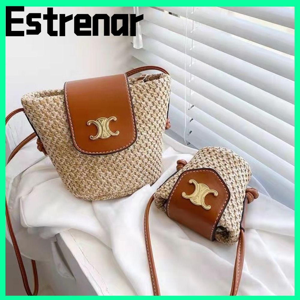 Estrenar Straw Bucket Bag, กระเป๋าถือน้ําหนักเบาแฟชั่นเรียบง่าย, กระเป๋าสะพายข้างกระเป๋าสะพายไหล่เดี่ยวฤดูร้อน