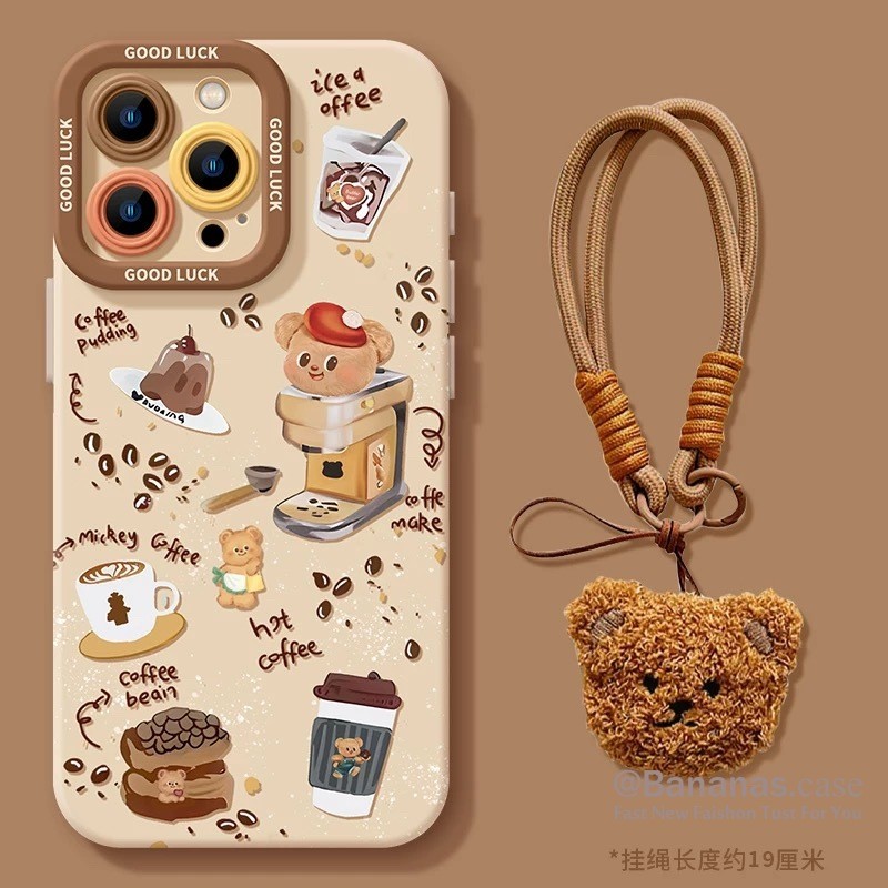 Iphone 16 15 14 13 12 11 Pro Max X Xr Xs Max 7 8 Plus SE2020 เคสโทรศัพท์น่ารักการ์ตูนกาแฟหมี + Lanyard Soft ฝาหลัง