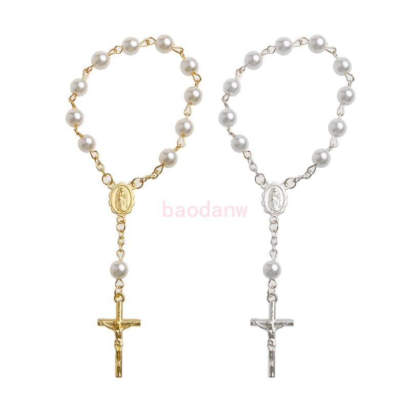 Bdw คาทอลิกสําหรับ Cross Finger Chain Mini ลูกประคํานิ้วมือ Baptism Rosary Faux Pearls สร้อยข้อมือสําหรับ Baptism โปรดปราน Christense