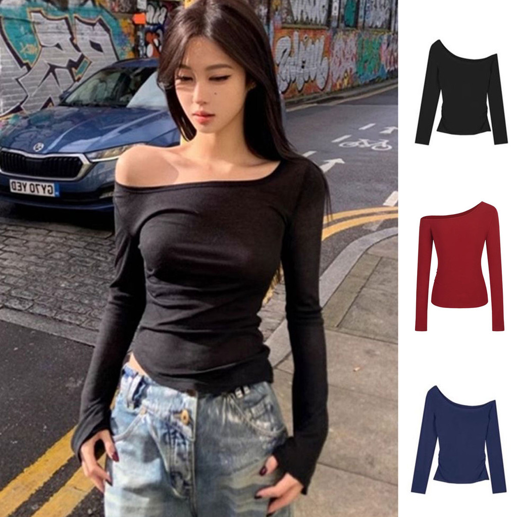 Dahong 2666 เสื้อยืดแขนยาวปาดไหล่ลา เสื้อสวยตรงปก เข้ารูป สไตล์เกาหลี สไตล์ใหม่