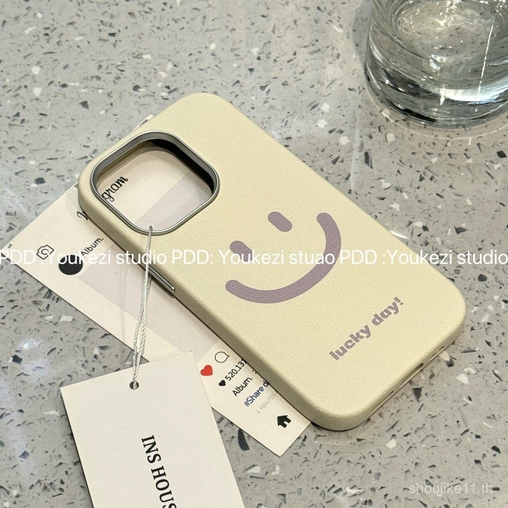 ญี่ปุ่นและเกาหลีสีทึบลายหนังหน้ายิ้มสำหรับ ihone15promax เคสโทรศัพท์ Apple 14pro 13รุ่นใหม่12ลายหนัง pyx3