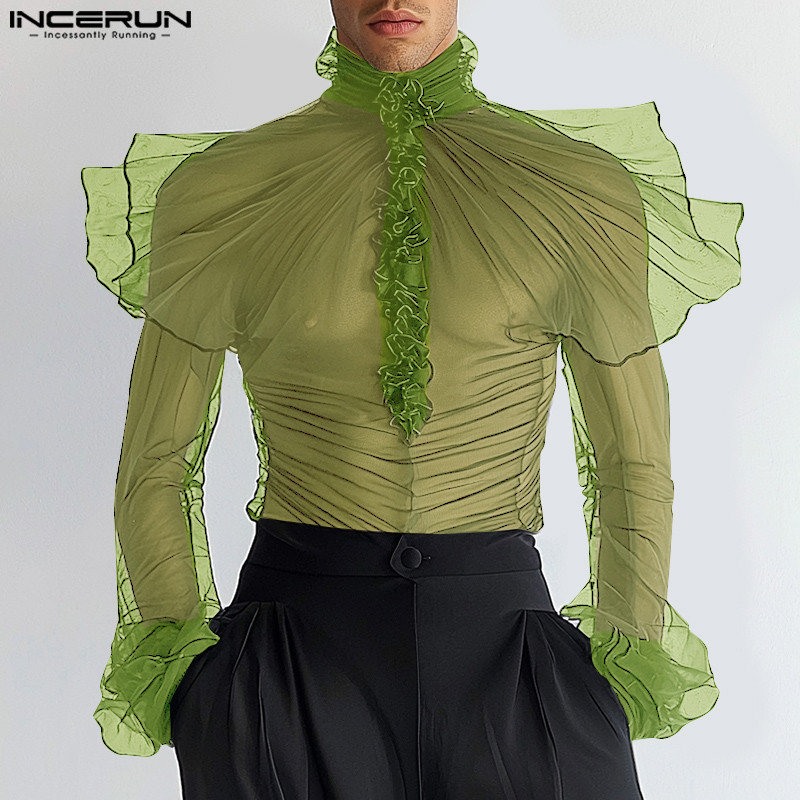 Incerun เสื้อเชิ้ตแขนยาวผู้ชายแฟชั่นวินเทจซีทรู Presale
