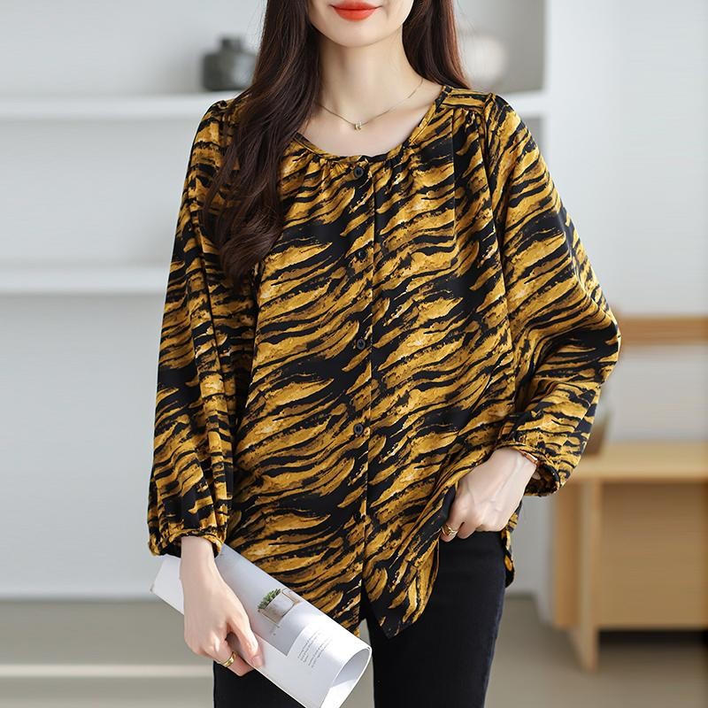 เสื้อชีฟองคอกลมแขนโคมไฟสําหรับผู้หญิงลายแถบเสือทรงหลวมสําหรับสวมใส่ในชีวิตประจําวันหรือสํานักงาน