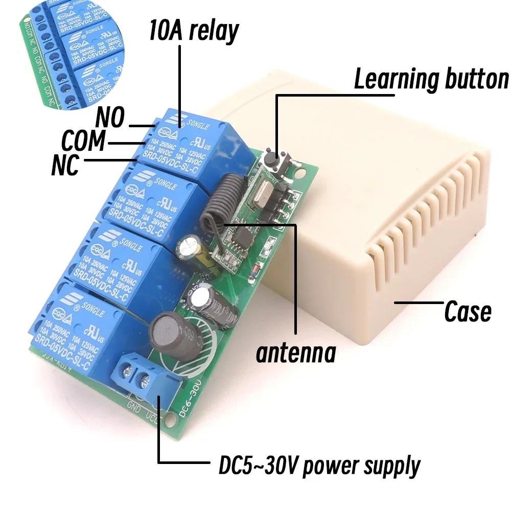 433mhz Rf รีโมทคอนโทรลไร้สาย Dry Contact 10A รีเลย์ DC 6V 12V 24V และเครื่องส่งสัญญาณสีดําสําหรับโรงรถประตูมอเตอร์ Led - รูปที่ 3