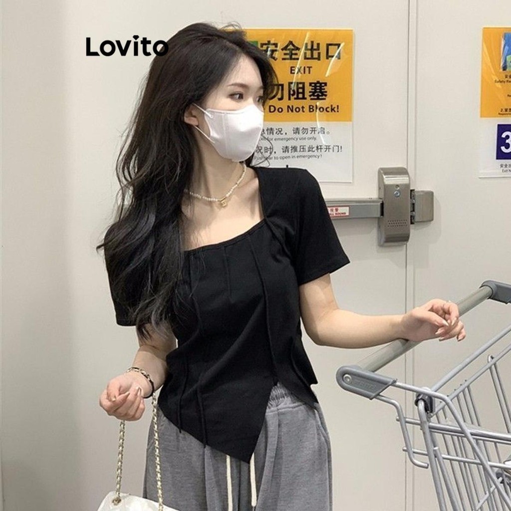 Lovito เสื้อยืดผู้หญิง ทรงอสมมาตร สีพื้น สไตล์ลำลอง LNE58557