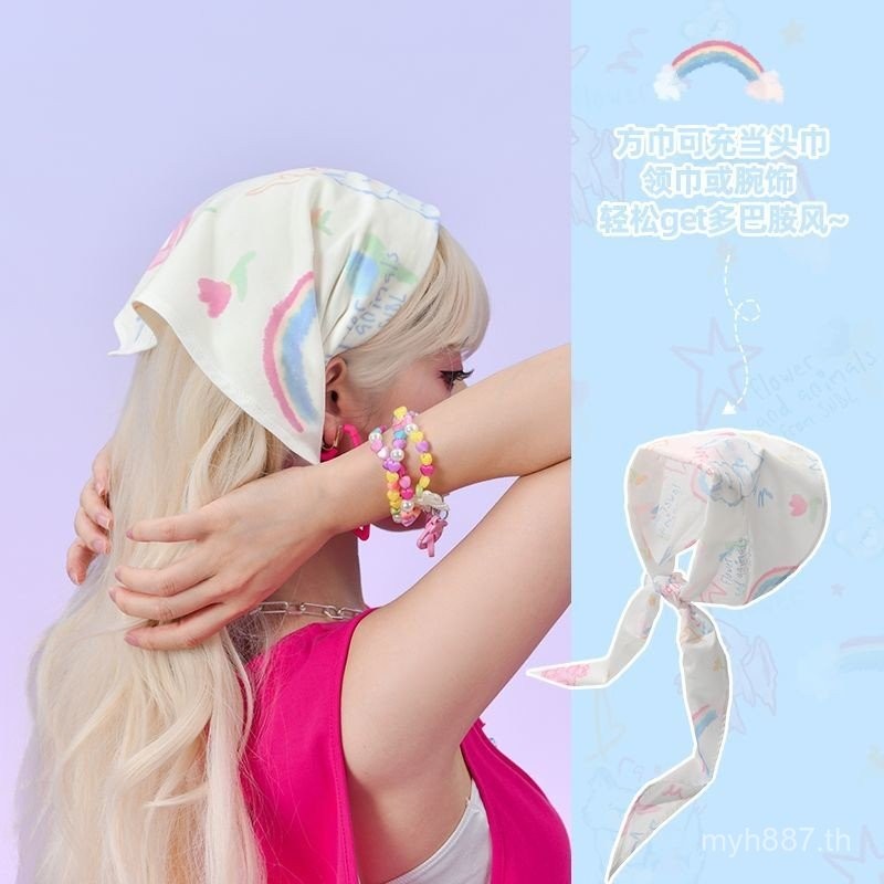 ผ้าโพกหัวสีรุ้งโดพามีนสำหรับสาวๆใส่และจับคู่อุปกรณ์เสริมผ้าโพกหัวสามเหลี่ยมผ้าโพกหัวพิมพ์ลายกราฟฟิตีเครื่องประดับผมสไตล์หวานเท่