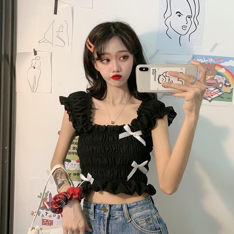 เสื้อแขนกุดแบบสั้นเข้ารูปแบบใหม่ที่นิยมในโลกออนไลน์สไตล์เกาหลีเสื้อกล้ามสายเดี่ยวสีดำผูกโบว์ผู้หญิงใส่ด้านนอกฤดูร้อน