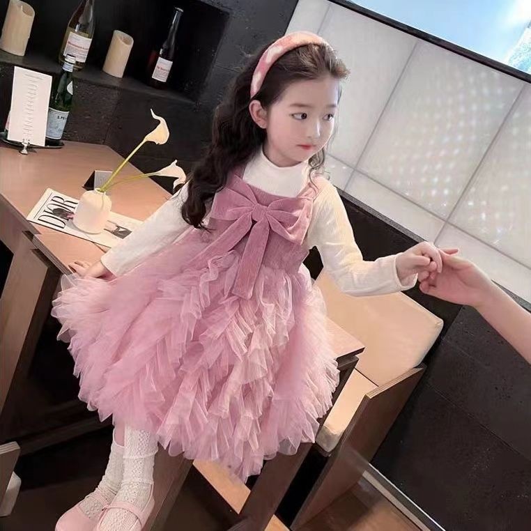 24001 สาวแขนยาวชุดเจ้าหญิงเด็กแฟชั่นชุดตาข่ายสีชมพู