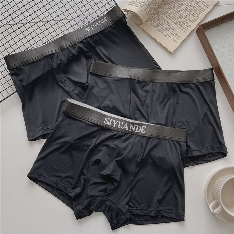 3 คู่สีดําชุดชั้นในชายผ้าไหมน้ําแข็งฤดูร้อนบาง Breathable Boxer กางเกงขนาดใหญ่ไม่มีรอยต่อ Antibiotic
