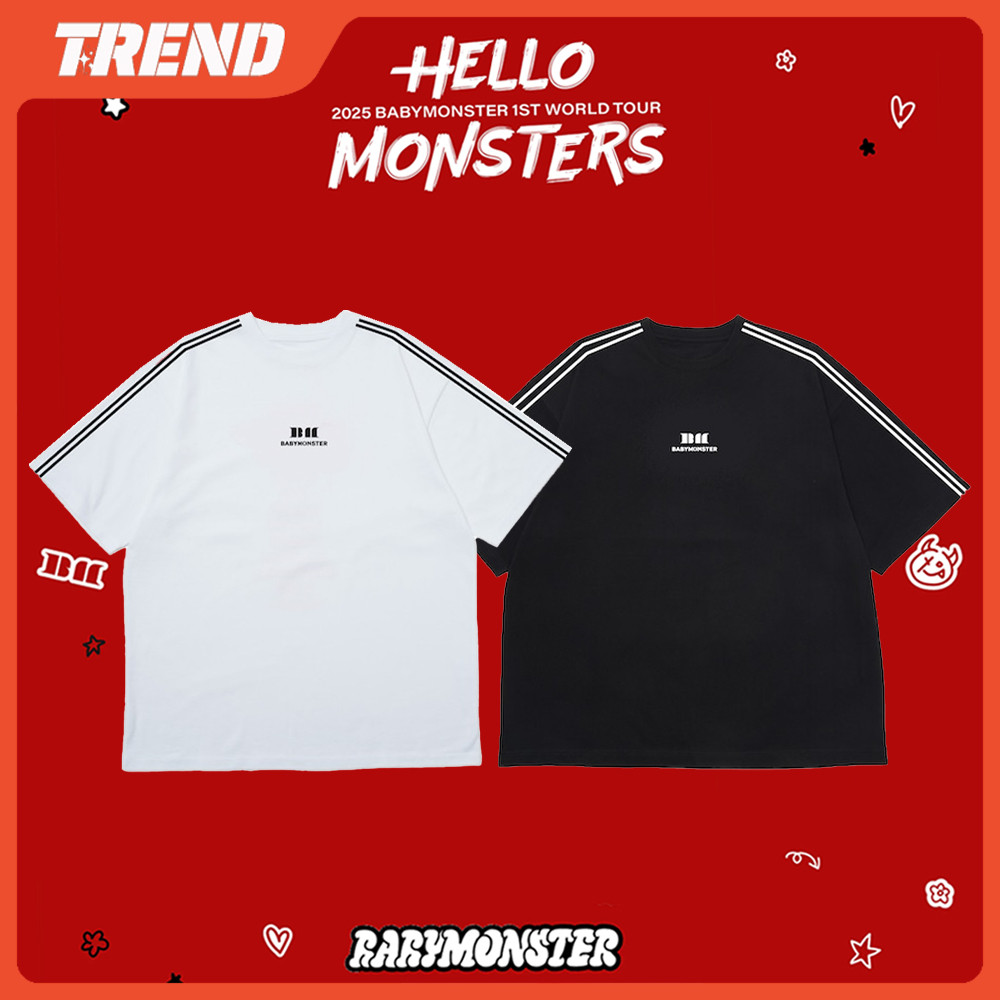 2025 BABYMONSTER 1st WORLD TOUR: HELLO MONSTERS Merch ผ้าฝ้ายเสื้อยืด Vintage Plus ขนาดหลวมพิมพ์แขนสั้นด้านบน Unisex แฟชั่นเสื้อลําลอง Tee