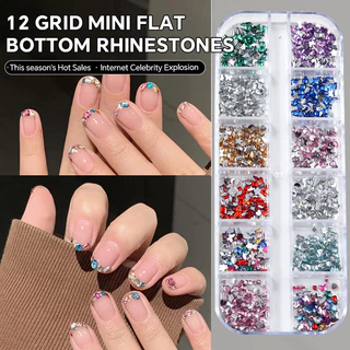 เล็บตกแต่งเล็บคริสตัล Rhinestone เพชร DIY สติกเกอร์เล็บ Mini ด้านล่างแบนที่มีสีสัน 12 กริด 1080 ชิ้น KOUDAN