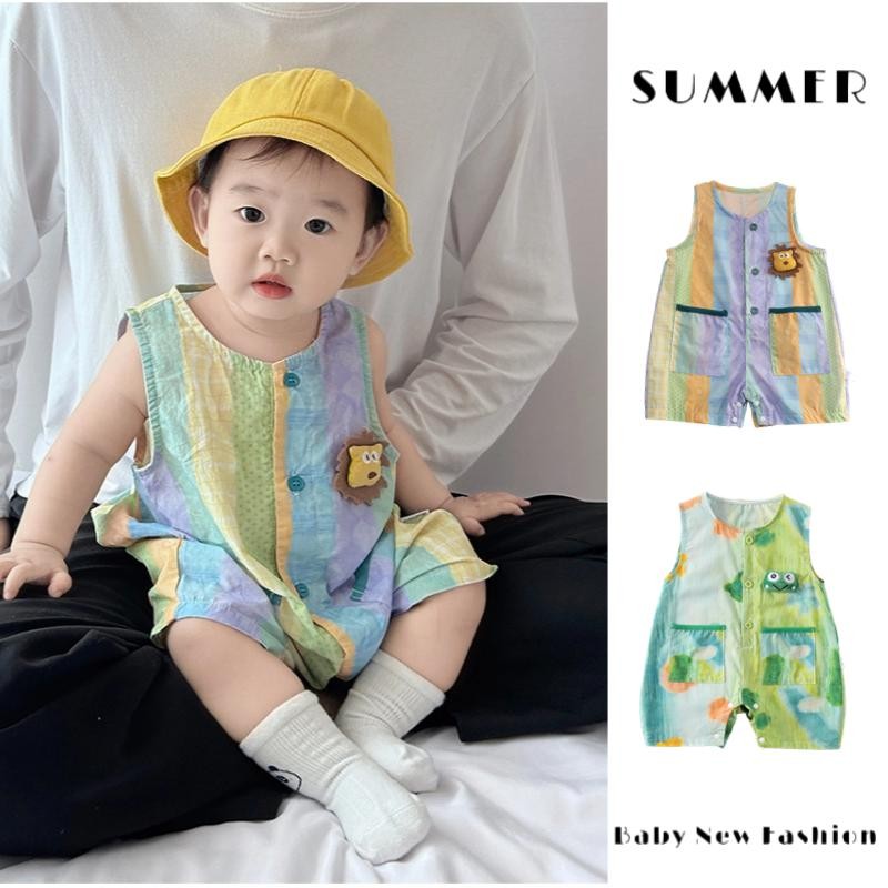 ฤดูร้อนใหม่เสื้อผ้าเด็กชายและหญิงบางบอดี้สูทแขนกุด0-24เดือนระบายอากาศและสะดวกสบายการ์ตูนสิงโต ชุดรอมเปอร์ สไตล์เกาหลี