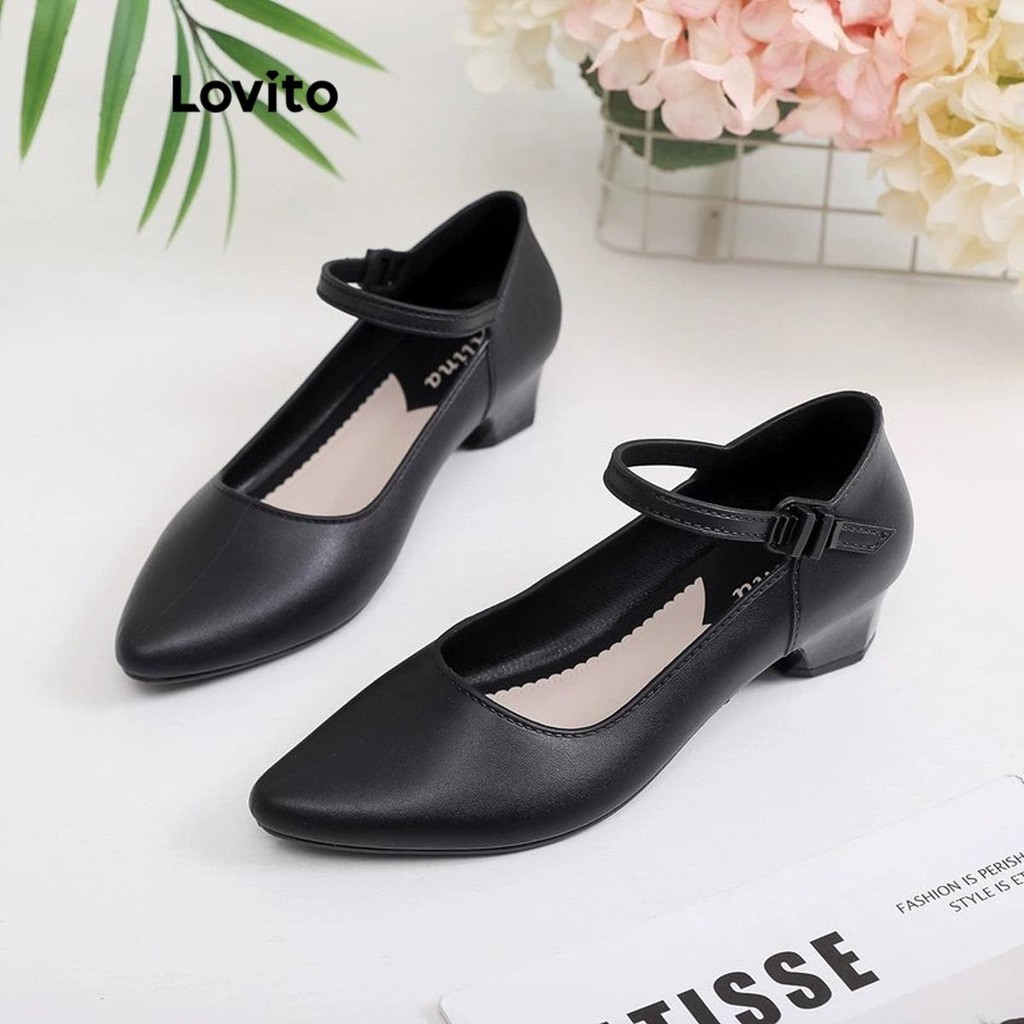 Lovito สง่างามธรรมดาชี้บล็อกส้นสบายสวมใส่ด้านนอกปากตื้นหนึ่งคําเข็มขัดรองเท้าส้นสูงสําหรับผู้หญิง  LFA64236