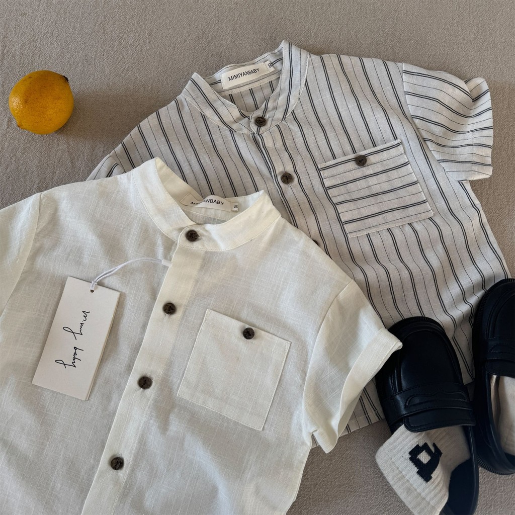 เสื้อเชิ้ตแขนสั้นเด็กชายฤดูร้อนสไตล์ใหม่แฟชั่นเวอร์ชั่นเกาหลีผ้าฝ้ายแท้เรียบง่ายลายสีทึบหล่อหลวมสบาย ๆ ทั้งหมด