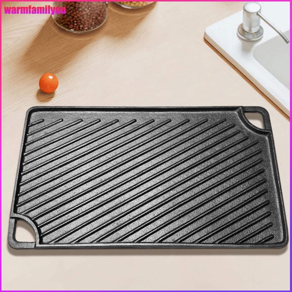 warmfamilyou 16.5X9.5 นิ้วเหล็กหล่อย่างแผ่นสี่เหลี่ยมผืนผ้า Griddle Pan Skillet สําหรับแก๊สเตาตั้งพื