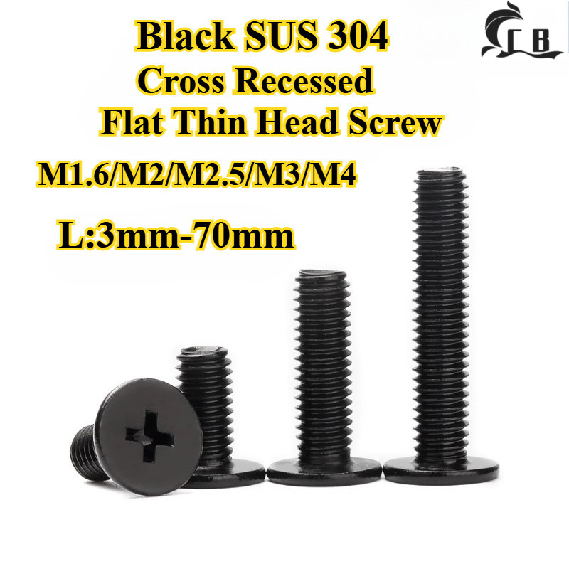 [CB-SZPT] สีดํา 304 สแตนเลส, สกรูหัวแบนบาง Phillips M1.6/M2/M2.5/M3/M4 สกรูหัวบาง, Bolt หัวแบนข้าม, ความยาว 3 มม.-70 มม.