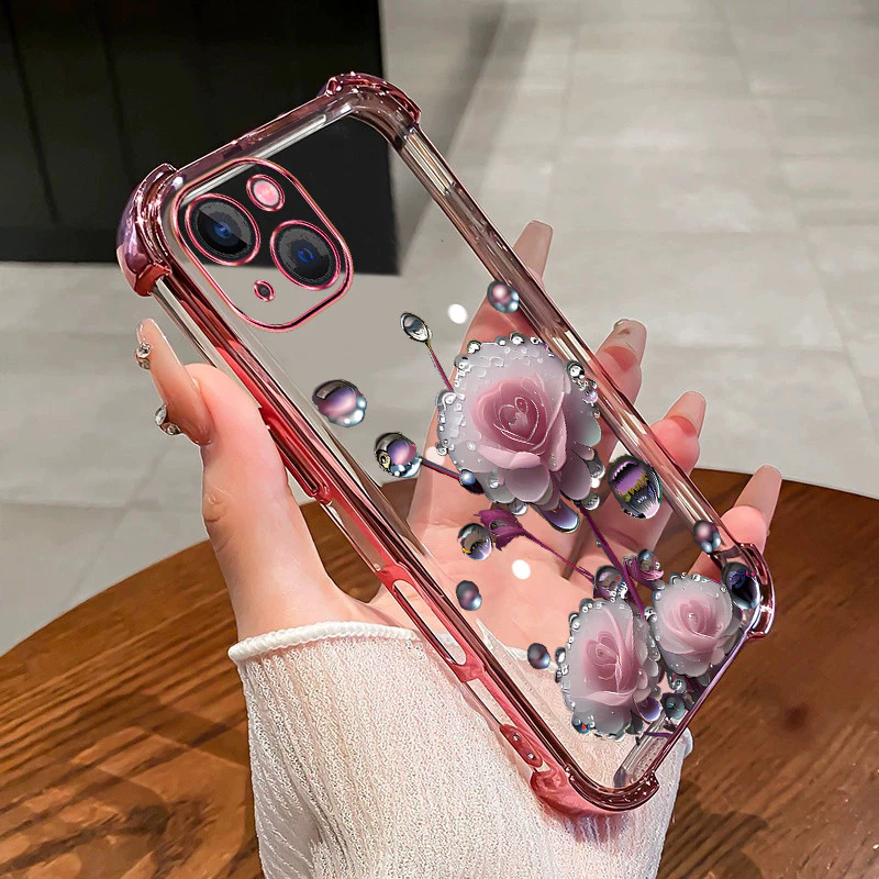 เคสสําหรับiPhone 13 14 pro max 14 plus 13 Mimiเคสโทรศัพท์สีชมพูดอกตูมสี่มุมซิลิโคนTPUโปร่งใสSoft shell ﻿ดีซ