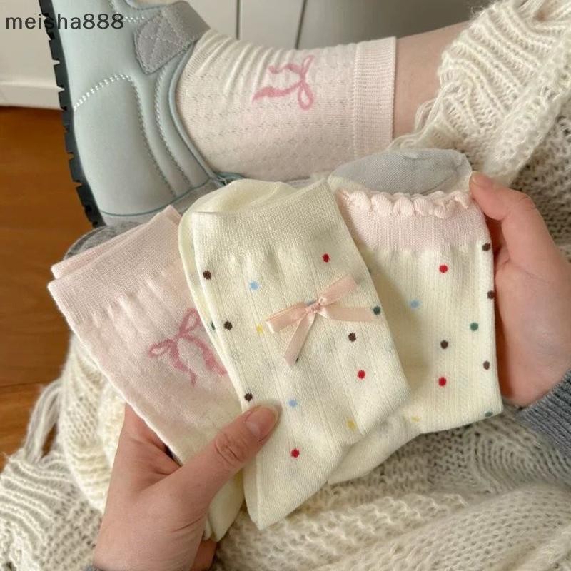 Meisha888 หวาน Bowknot ผูกกลางถุงเท้าผู้หญิงส้นโบว์ถุงเท้า Casual ck ถุงเท้ากองสีขาวสาวกีฬาถุงเท้าผ้