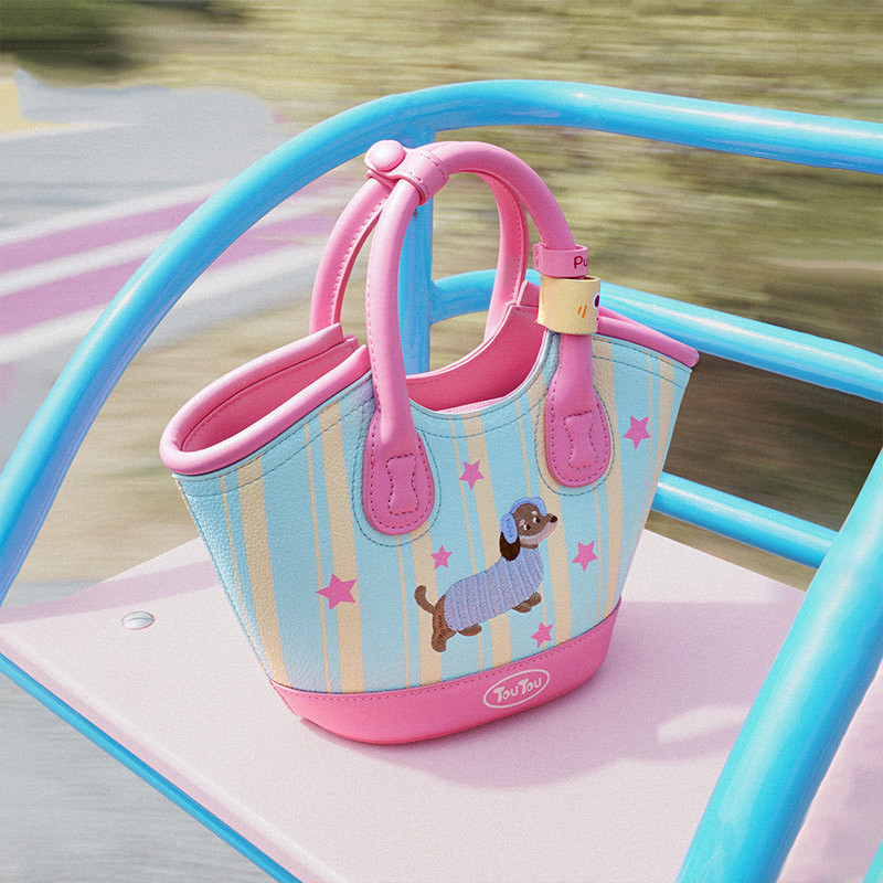 MOUSOON กระเป๋าสะพายไหล่ผู้หญิงน่ารักสีชมพูแฟชั่นไส้กรอกสุนัข Barrel Tote
