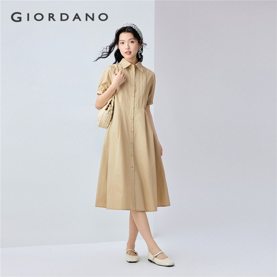 GIORDANO WOMEN 100% Cotton pleated placket short sleeve dress 05465324