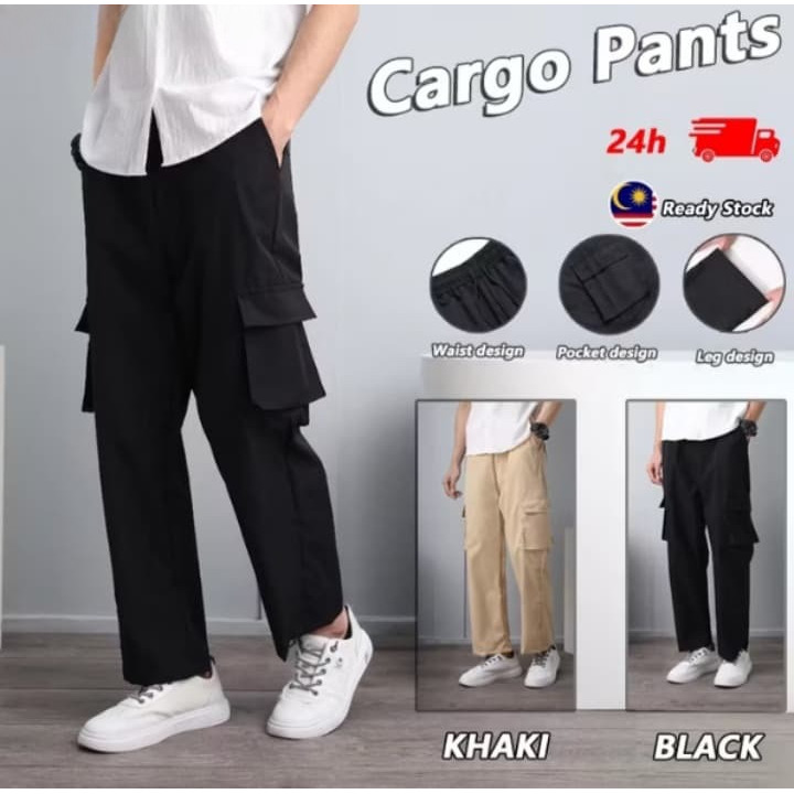 Oversize Khaki Multi-pocket Straight Cut Casual Men Long Couple Cargo Pants Seluar Panjang Lelaki Sl