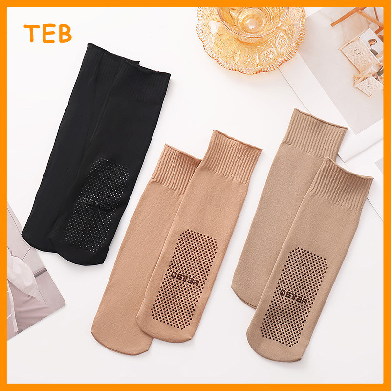 QStar ไนลอนถุงเท้ากลางลูกวัว Stokin Tengah Betis Anti-Slip & Biasa Lembut Nipis Grip Harian สีดําผิว