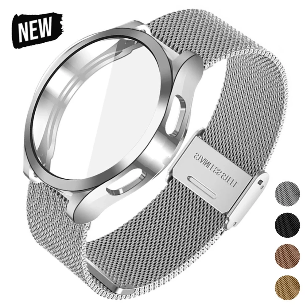 Protector Case + Strap สําหรับ Samsung Galaxy Watch 7 6 5 4 44 มม.40 มม.ตาข่ายเหล็กสร้อยข้อมือสําหรับนาฬิกา 7 FE 40 มม. + TPU กรณี