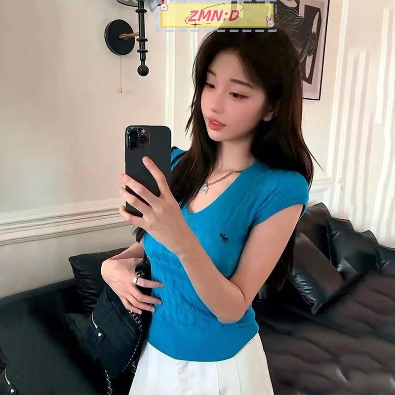 ใหม่wellknowngreat แฟชั่น Casual Slim ยืดฤดูร้อนใหม่ V คอถักเสื้อยืด RRT