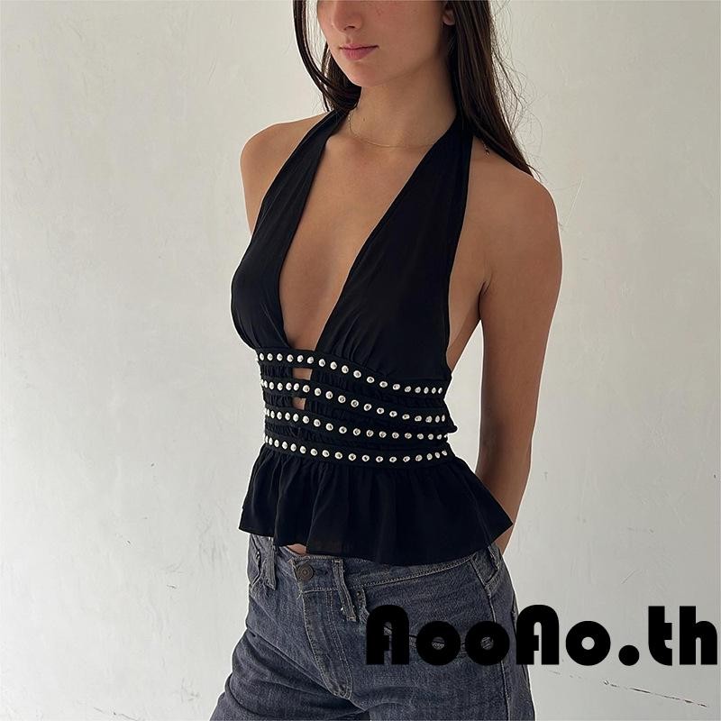 Aooao-เสื้อคล้องคอคอวีลึกประดับหมุดสำหรับผู้หญิง