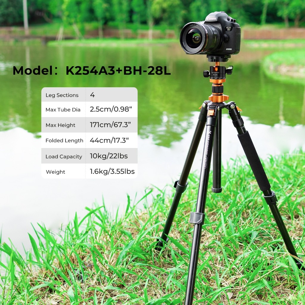 K&F CONCEPT ขาตั้งกล้อง K series K254A3+BH-28L พับได้ ขาเดียว ถอดได้ ล็อคหัวเข็มขัดจานแบบใหม่